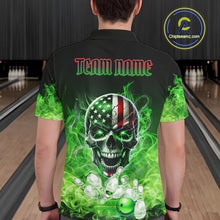 Load image into Gallery viewer, Green Flame Smoke American Flag Eagle Skull Mens Bowling Shirts Custom Patriotic Bowling Team Jersey NQS10278