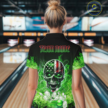 Load image into Gallery viewer, Green Flame Smoke American Flag Eagle Skull Women Bowling Shirts Custom Patriotic Bowling Team Jersey NQS10278