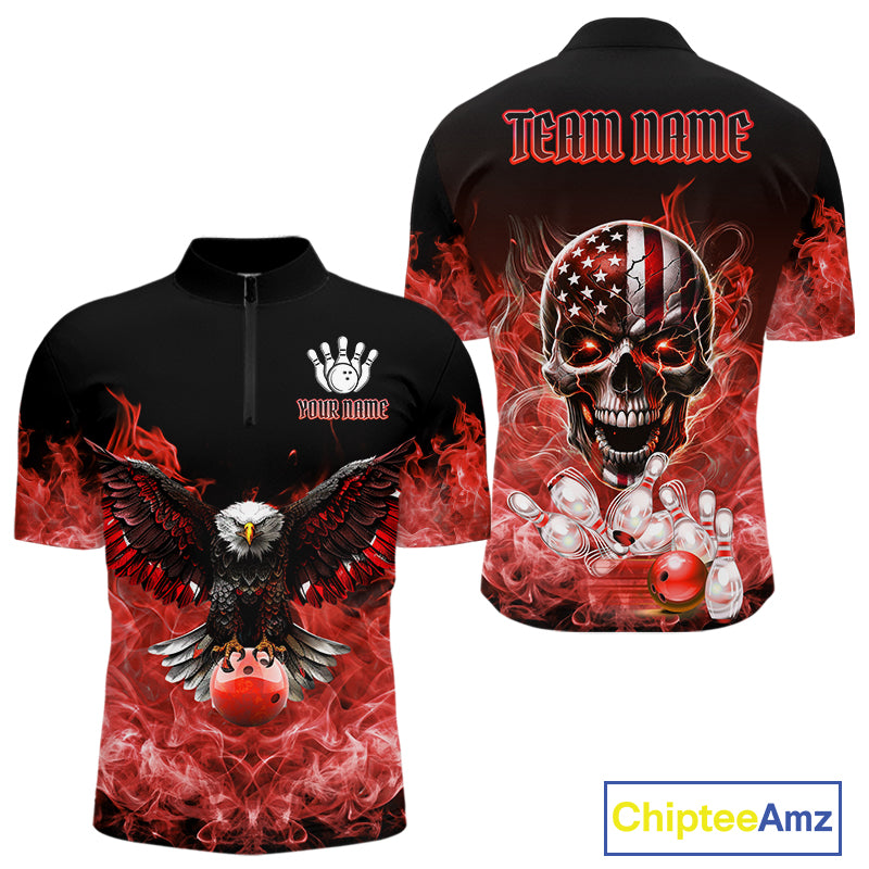 Red Flame Smoke American Flag Eagle Skull Mens Bowling Shirts Custom Patriotic Bowling Team Jersey NQS10279