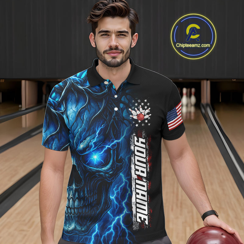Custom Blue Lightning thunder Skull American Flag Patriotic Mens Bowling Shirts, Gift For Bowlers NQS10463