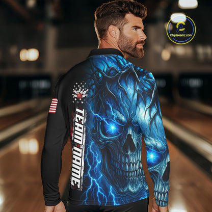 Custom Blue Lightning thunder Skull American Flag Patriotic Mens Bowling Shirts, Gift For Bowlers NQS10463