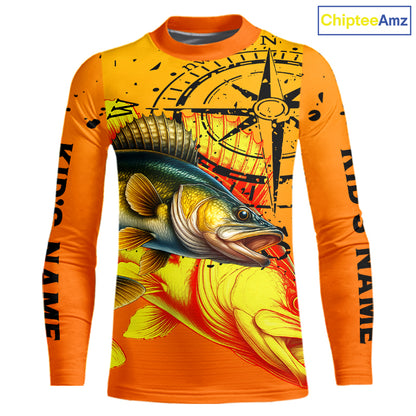 Custom Walleye Compass Long Sleeve Fishing Shirts, Personalized Walleye Fishing Jersey | Orange NQS10468