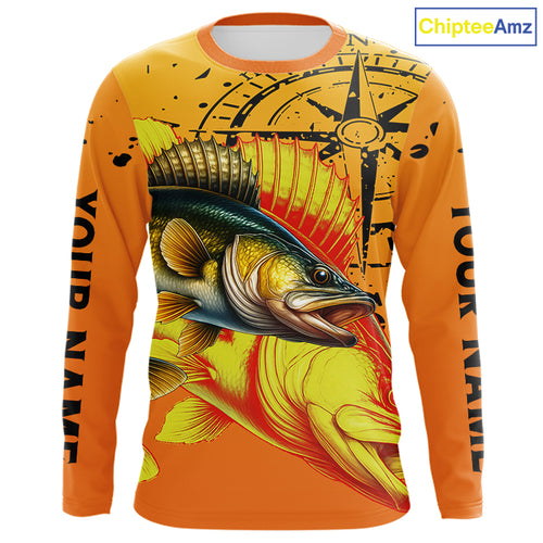Custom Walleye Compass Long Sleeve Fishing Shirts, Personalized Walleye Fishing Jersey | Orange NQS10468