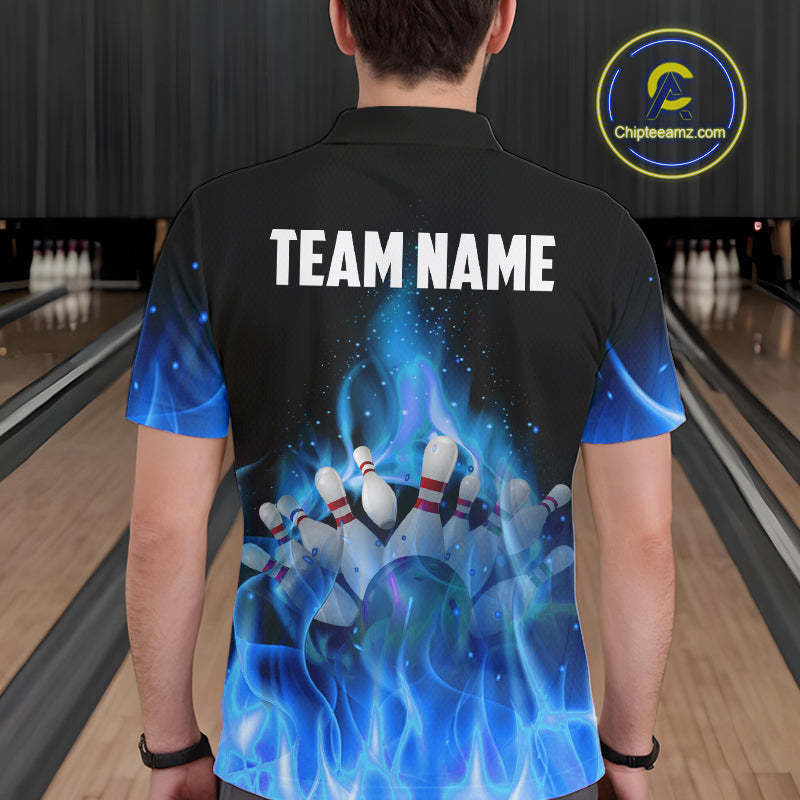 Personalized Mens Bowling Shirt Blue flame Bowling Ball and Pins Team bowling jerseys for men Bowler NQS10471
