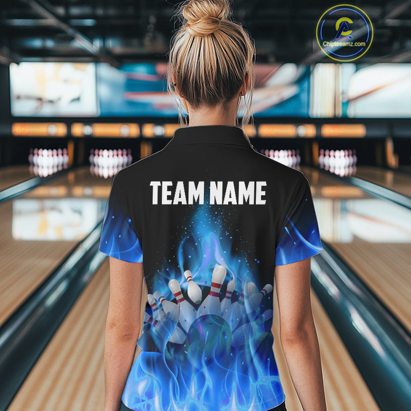 Personalized Women Bowling Shirt Blue flame Bowling Ball Pins Team bowling jerseys for ladies Bowler NQS10471