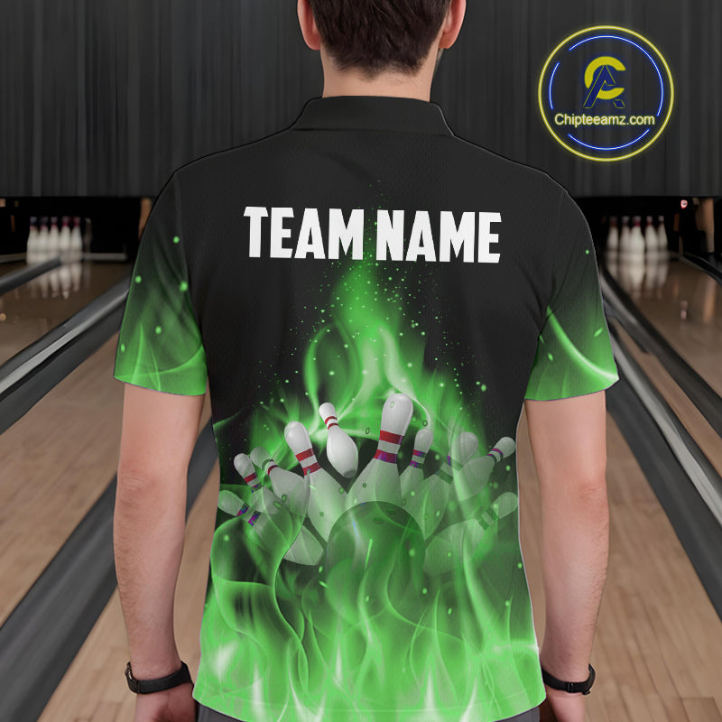 Personalized Mens Bowling Shirt Green flame Bowling Ball and Pins Team bowling jerseys for men Bowler NQS10472