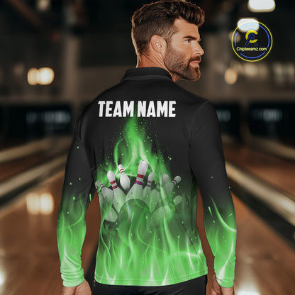 Personalized Mens Bowling Shirt Green flame Bowling Ball and Pins Team bowling jerseys for men Bowler NQS10472