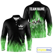 Load image into Gallery viewer, Personalized Mens Bowling Shirt Green flame Bowling Ball and Pins Team bowling jerseys for men Bowler NQS10472
