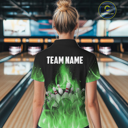 Personalized Women Bowling Shirt Green flame Bowling Ball Pins Team bowling jerseys for ladies Bowler NQS10472