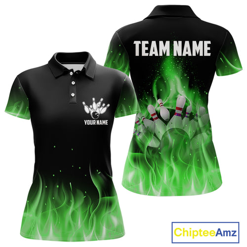 Personalized Women Bowling Shirt Green flame Bowling Ball Pins Team bowling jerseys for ladies Bowler NQS10472