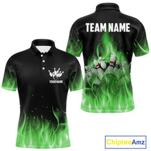 Load image into Gallery viewer, Personalized Mens Bowling Shirt Green flame Bowling Ball and Pins Team bowling jerseys for men Bowler NQS10472