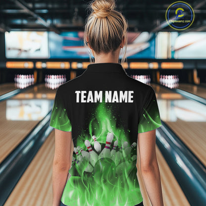 Personalized Women Bowling Shirt Green flame Bowling Ball Pins Team bowling jerseys for ladies Bowler NQS10472