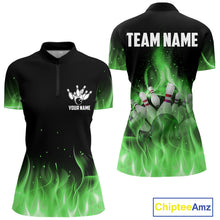 Load image into Gallery viewer, Personalized Women Bowling Shirt Green flame Bowling Ball Pins Team bowling jerseys for ladies Bowler NQS10472
