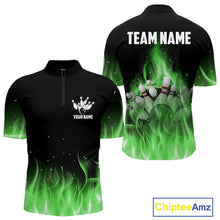Load image into Gallery viewer, Personalized Mens Bowling Shirt Green flame Bowling Ball and Pins Team bowling jerseys for men Bowler NQS10472