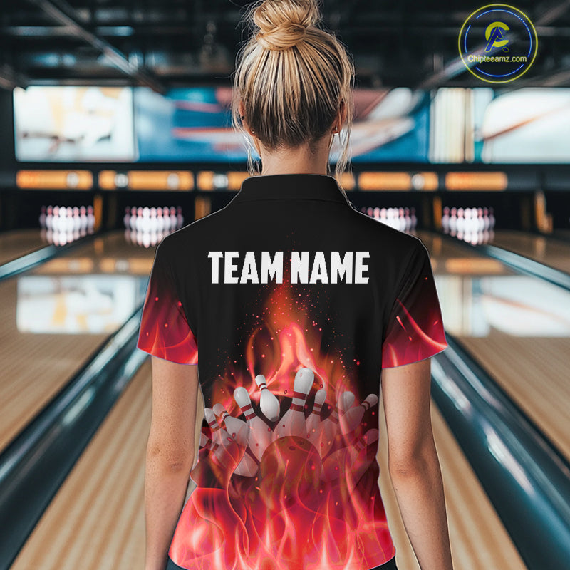 Personalized Women Bowling Shirt Red flame Bowling Ball Pins Team bowling jerseys for ladies Bowler NQS10473