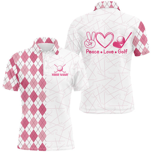 Pink argyle pattern Mens golf polo shirts custom peace love golf team jerseys, golf attire for men NQS8490