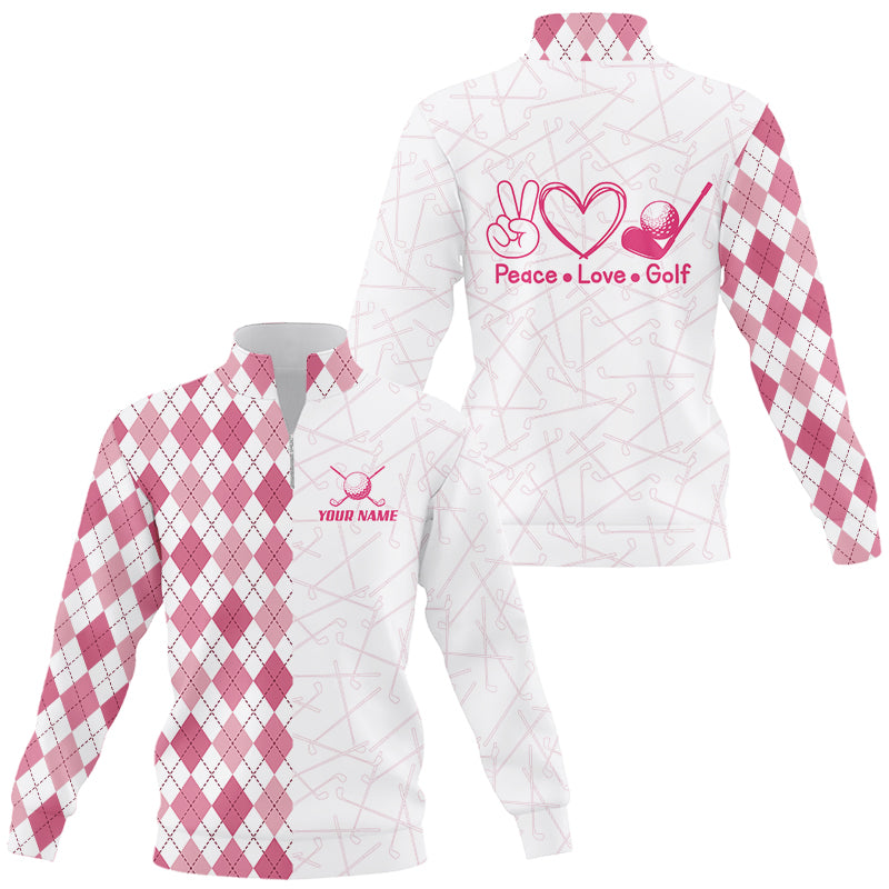 Pink argyle pattern Quarter zip golf sweatshirt custom peace love golf sweater team jersey golf attire NQS8490