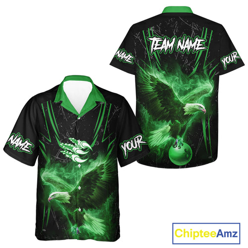 Black and Green Flame Eagle Bowling Hawaiian Shirt Custom Team Name Bowling Jerseys For Bowlers NQS10675
