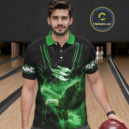Black and Green Flame Eagle Bowling Shirt For Men Custom Team Name Bowling Jerseys For Bowlers NQS10675