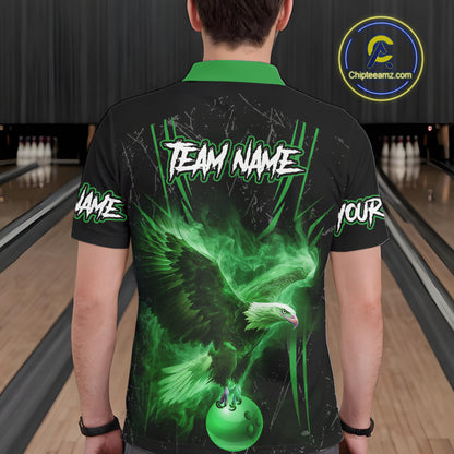 Black and Green Flame Eagle Bowling Shirt For Men Custom Team Name Bowling Jerseys For Bowlers NQS10675
