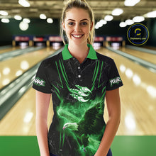 Load image into Gallery viewer, Black and Green Flame Eagle Bowling Shirt For Women Custom Team Name Bowling Jerseys For Bowlers NQS10675
