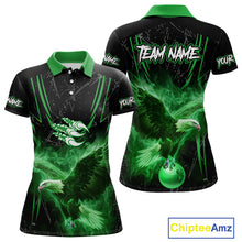 Load image into Gallery viewer, Black and Green Flame Eagle Bowling Shirt For Women Custom Team Name Bowling Jerseys For Bowlers NQS10675