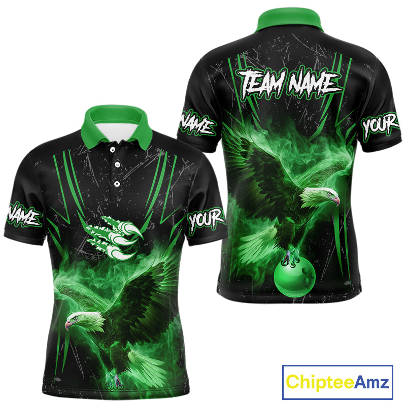 Black and Green Flame Eagle Bowling Shirt For Men Custom Team Name Bowling Jerseys For Bowlers NQS10675