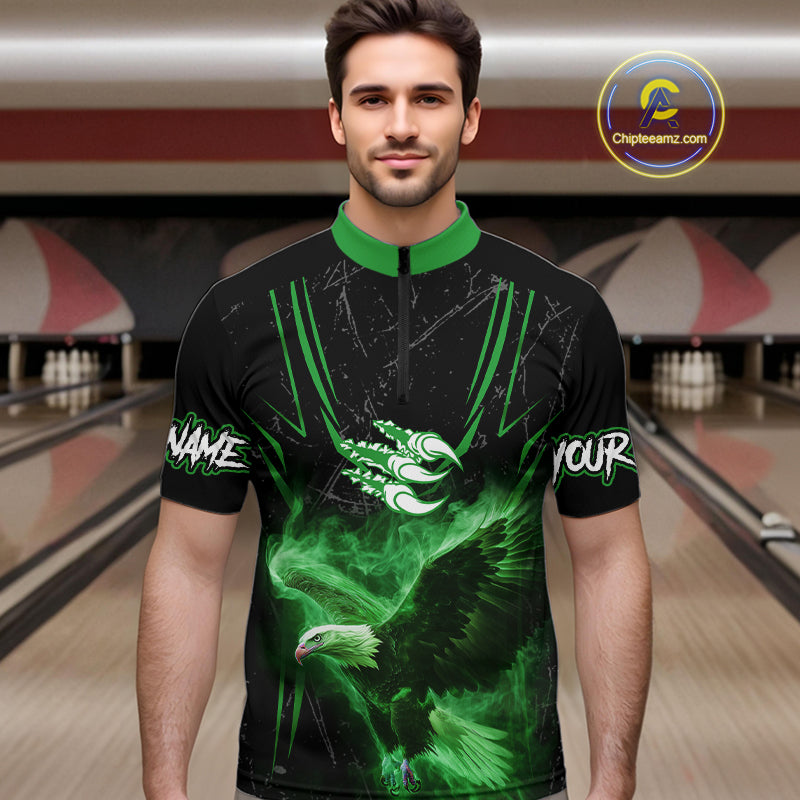 Black and Green Flame Eagle Bowling Shirt For Men Custom Team Name Bowling Jerseys For Bowlers NQS10675