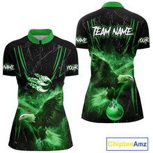 Load image into Gallery viewer, Black and Green Flame Eagle Bowling Shirt For Women Custom Team Name Bowling Jerseys For Bowlers NQS10675