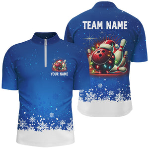 Christmas bowling Polo, Quarter Zip shirts For Men Custom Xmas Team Bowling Jerseys | Blue NQS8964