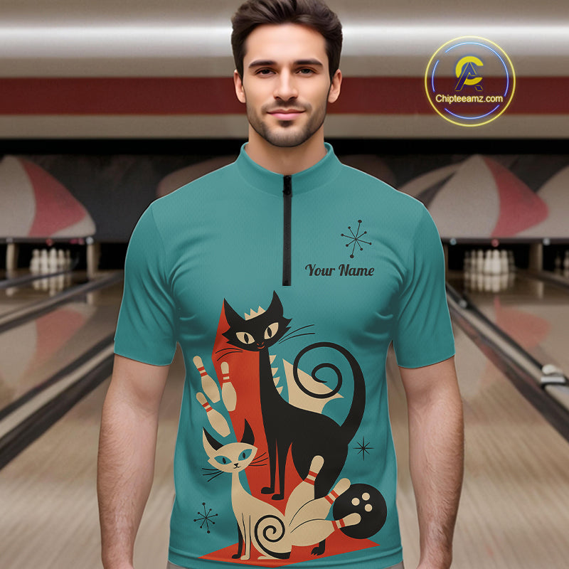 Custom retro bowling shirts Cat Bowling jersey for men Team Bowling Polo, 1/4 Zip Shirts | Blue NQS11072