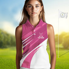 Load image into Gallery viewer, Pink and white Sleeveless Golf Polo Shirt custom golf tops for ladies, personalized golf gifts NQS11273