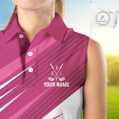 Pink and white Sleeveless Golf Polo Shirt custom golf tops for ladies, personalized golf gifts NQS11273