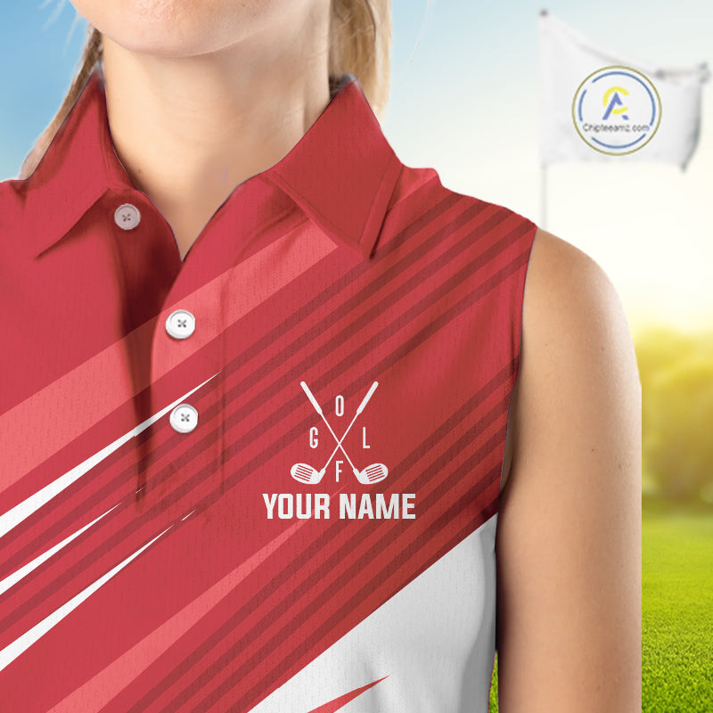 Red and white Sleeveless Golf Polo Shirt custom golf tops for ladies, personalized golf gifts NQS11274