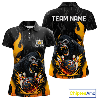 Black and Orange Flame Gorilla Bowling shirts For Women Custom Gorilla Team Bowling Jerseys NQS11279