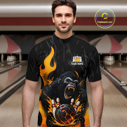 Black and Orange Flame Gorilla Bowling shirts For Men Custom Gorilla Team Bowling Jerseys NQS11279
