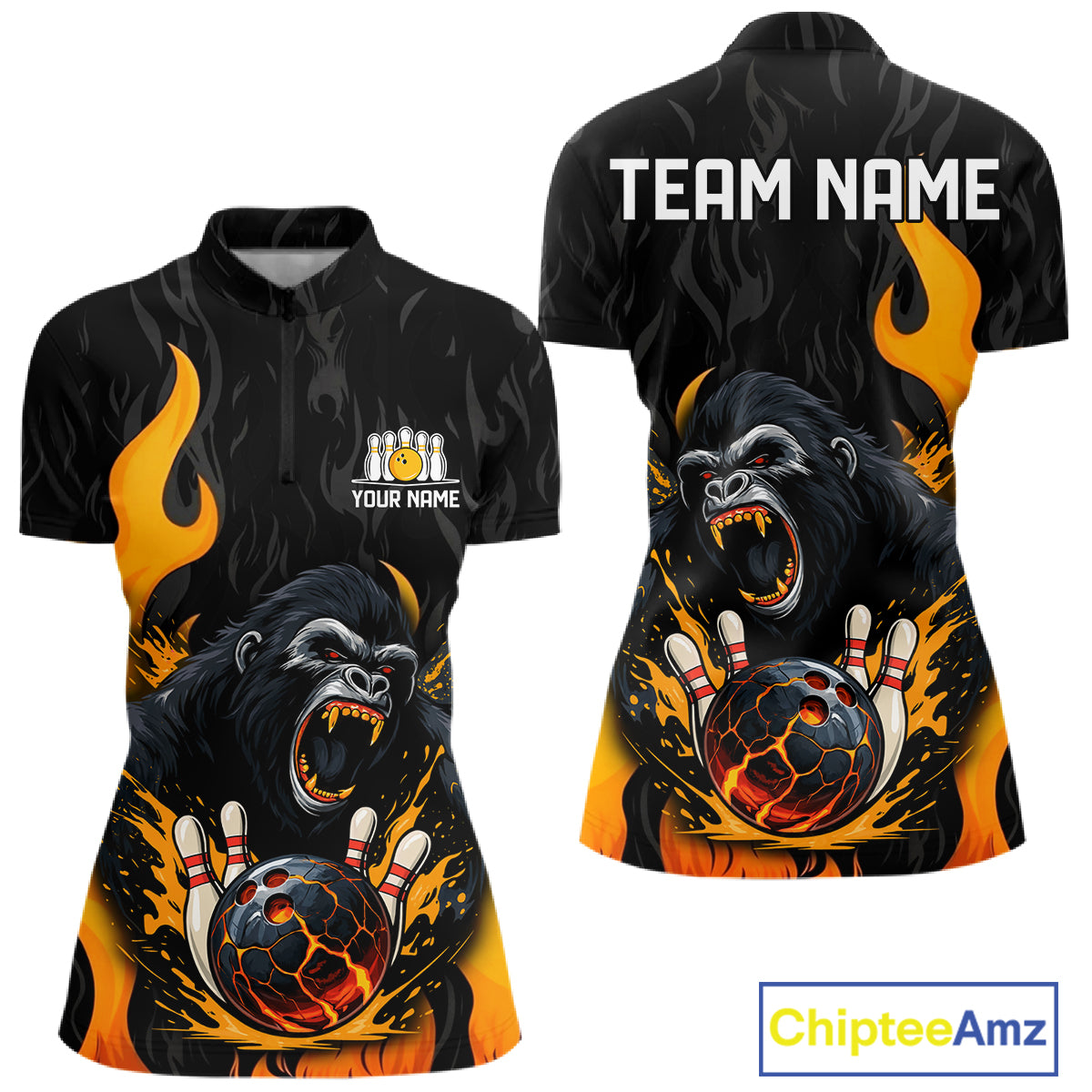 Black and Orange Flame Gorilla Bowling shirts For Women Custom Gorilla Team Bowling Jerseys NQS11279