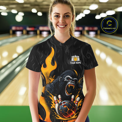 Black and Orange Flame Gorilla Bowling shirts For Women Custom Gorilla Team Bowling Jerseys NQS11279