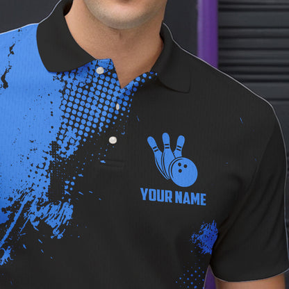 Black and Blue Retro Mens Bowling Polo, Quarter Zip shirts Custom team bowling jerseys mens outfit NQS9393