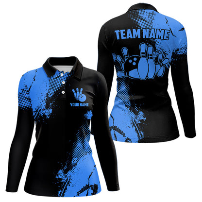 Black and Blue Retro Women Bowling Polo, Quarter Zip shirts Custom team bowling jerseys ladies outfit NQS9393