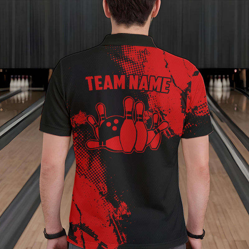 Black and Red Retro Mens Bowling Polo, Quarter Zip shirts Custom team bowling jerseys mens outfit NQS9394