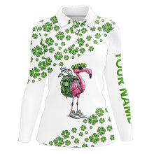 Load image into Gallery viewer, Funny Flamingo Green clover pattern White golf polo shirt for Women Custom St Patrick Day golf apparel NQS9399