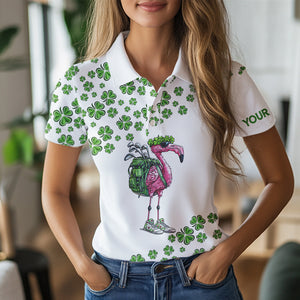 Funny Flamingo Green clover pattern White golf polo shirt for Women Custom St Patrick Day golf apparel NQS9399