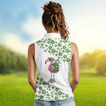 Load image into Gallery viewer, Funny Flamingo Green clover pattern White sleeveless golf polos Custom St Patrick Day golf apparel NQS9399