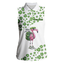 Load image into Gallery viewer, Funny Flamingo Green clover pattern White sleeveless golf polos Custom St Patrick Day golf apparel NQS9399