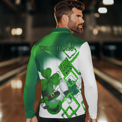 Green shamrock Mens bowling polo, quarter zip shirts Custom St Patrick Day team league bowling jerseys NQS9556
