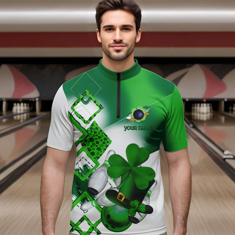 Green shamrock Mens bowling polo, quarter zip shirts Custom St Patrick Day team league bowling jerseys NQS9556