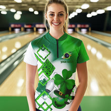 Load image into Gallery viewer, Green shamrock Women bowling polo, quarter zip shirts Custom St Patrick Day team league bowling jersey NQS9556