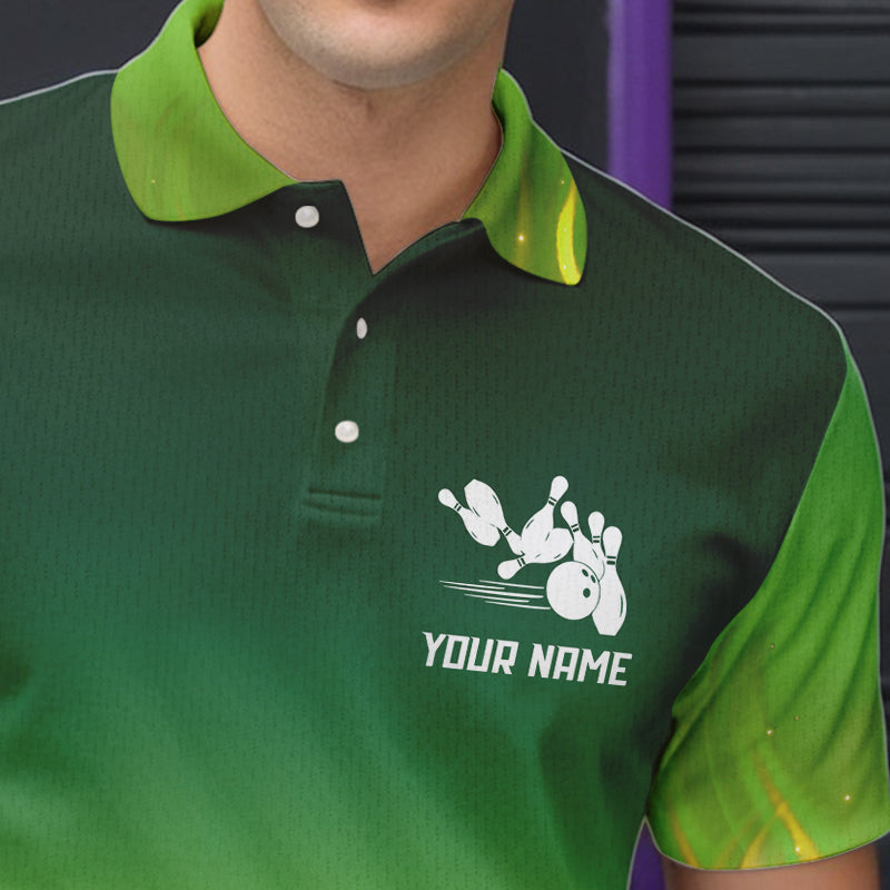 Personalized Yellow Green Flame Bowling Polo, Quarter Zip Shirts For Men Custom Team Bowling Jersey NQS9559