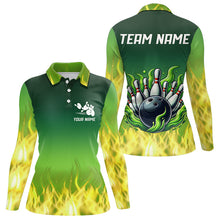 Load image into Gallery viewer, Personalized Yellow Green Flame Bowling Polo, Quarter Zip Shirts For Women Custom Team Bowling Jersey NQS9559